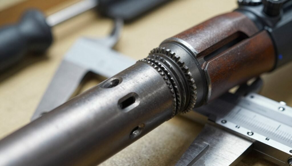 A close-up view of an AK-47 barrel showcasing its thread pitch specifications, focusing on the precise threading detail. The foreground features the barrel with clear, sharp edges highlighting the intricate grooves and ridges of the threading. In the middle ground, a detailed measuring tool, such as calipers, is positioned next to the barrel, illustrating the measurement of the thread pitch. The background is softly blurred, emphasizing the subject while suggesting a workshop environment with tools and equipment. The lighting is bright and diffuse, drawing attention to the metallic textures of the barrel while maintaining clarity. Capture this image with a macro lens to highlight the technical precision and craftsmanship. Include the brand name "Palmetto State Armory" subtly in the details of the equipment without any text overlays.