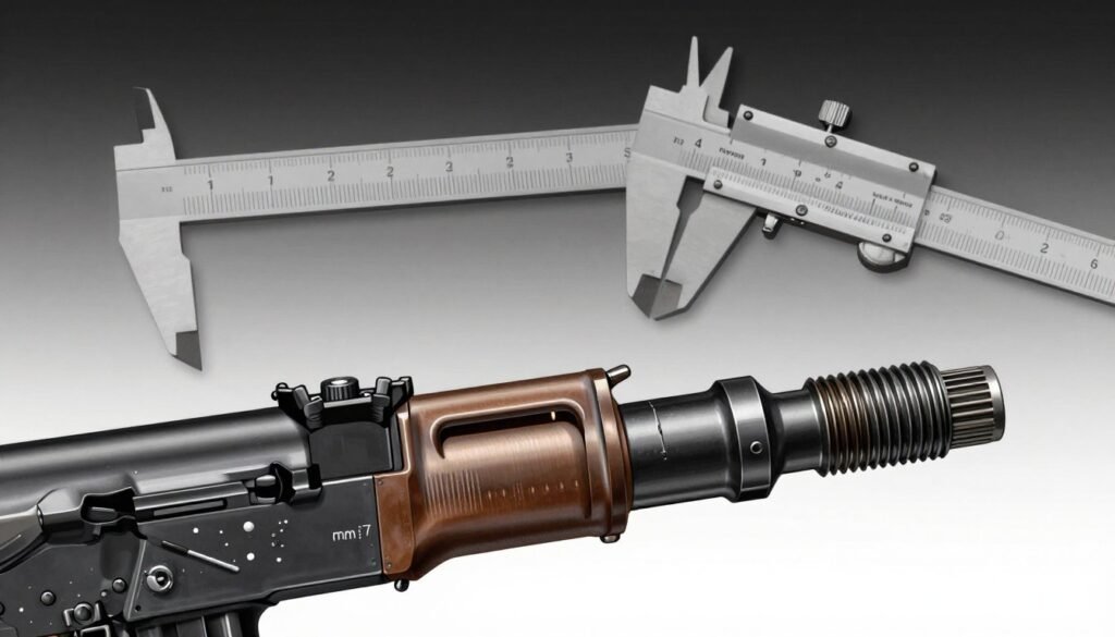 An illustrated guide focusing on the thread pitch of the AK-74, prominently featuring a detailed close-up of an AK-74 muzzle with precise threading. In the foreground, showcase the threaded barrel in sharp focus, highlighting the intricate details of the thread pitch, including measurements in millimeters. The middle ground should include a measurement tool such as calipers, angled to emphasize precision. The background could feature a subtle gradient that shifts from dark to light, enhancing the technical atmosphere and focusing attention on the barrel. Use soft, diffused lighting to minimize shadows and create a clarity that underscores technical accuracy. Incorporate the brand name "Palmetto State Armory" subtly in the image, ensuring no distractions from the main subject. Aim for a professional and informative mood throughout the composition.